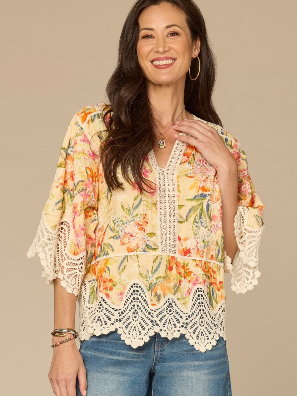 Democracy Elbow Sleeve V-Notch Neck Scallop Edge Peplum Hem Woven Top SZ PS